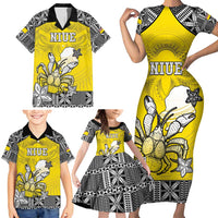 Personalised Happy Niue Constitution Day Family Matching Short Sleeve Bodycon Dress and Hawaiian Shirt Niuean Crab Hiapo Pattern Yellow Version LT05 - Polynesian Pride
