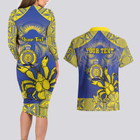 Personalised Niue The Rock Couples Matching Long Sleeve Bodycon Dress and Hawaiian Shirt Niuean Crab Hiapo Pattern Blue Version LT05 - Polynesian Pride