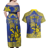 Personalised Niue The Rock Couples Matching Off Shoulder Maxi Dress and Hawaiian Shirt Niuean Crab Hiapo Pattern Blue Version LT05 - Polynesian Pride