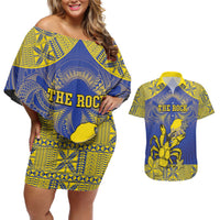 Personalised Niue The Rock Couples Matching Off Shoulder Short Dress and Hawaiian Shirt Niuean Crab Hiapo Pattern Blue Version LT05 Blue - Polynesian Pride