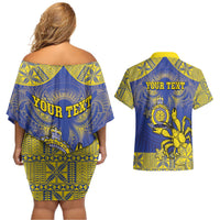 Personalised Niue The Rock Couples Matching Off Shoulder Short Dress and Hawaiian Shirt Niuean Crab Hiapo Pattern Blue Version LT05 - Polynesian Pride