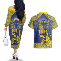 Personalised Niue The Rock Couples Matching Off The Shoulder Long Sleeve Dress and Hawaiian Shirt Niuean Crab Hiapo Pattern Blue Version LT05 - Polynesian Pride