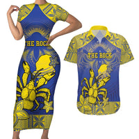 Personalised Niue The Rock Couples Matching Short Sleeve Bodycon Dress and Hawaiian Shirt Niuean Crab Hiapo Pattern Blue Version LT05 Blue - Polynesian Pride