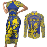 Personalised Niue The Rock Couples Matching Short Sleeve Bodycon Dress and Long Sleeve Button Shirt Niuean Crab Hiapo Pattern Blue Version LT05 Blue - Polynesian Pride