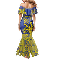 Personalised Niue The Rock Family Matching Mermaid Dress and Hawaiian Shirt Niuean Crab Hiapo Pattern Blue Version LT05 - Polynesian Pride