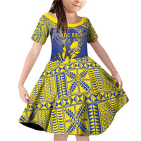 Personalised Niue The Rock Family Matching Off Shoulder Short Dress and Hawaiian Shirt Niuean Crab Hiapo Pattern Blue Version LT05 Daughter's Dress Blue - Polynesian Pride