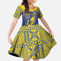 Personalised Niue The Rock Family Matching Puletasi and Hawaiian Shirt Niuean Crab Hiapo Pattern Blue Version LT05 Daughter's Dress Blue - Polynesian Pride