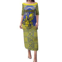 Personalised Niue The Rock Family Matching Puletasi and Hawaiian Shirt Niuean Crab Hiapo Pattern Blue Version LT05 Mom's Dress Blue - Polynesian Pride