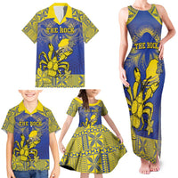Personalised Niue The Rock Family Matching Tank Maxi Dress and Hawaiian Shirt Niuean Crab Hiapo Pattern Blue Version LT05 - Polynesian Pride