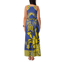 Personalised Niue The Rock Family Matching Tank Maxi Dress and Hawaiian Shirt Niuean Crab Hiapo Pattern Blue Version LT05 - Polynesian Pride