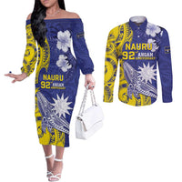 Personalised Nauru 92nd Anniversary Of Angam Couples Matching Off The Shoulder Long Sleeve Dress and Long Sleeve Button Shirt Polynesian Whale Pattern LT05 Blue - Polynesian Pride