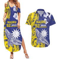 Personalised Nauru 92nd Anniversary Of Angam Couples Matching Summer Maxi Dress and Hawaiian Shirt Polynesian Whale Pattern LT05 Blue - Polynesian Pride
