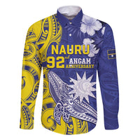 Personalised Nauru 92nd Anniversary Of Angam Family Matching Off Shoulder Maxi Dress and Hawaiian Shirt Polynesian Whale Pattern LT05 Dad's Shirt - Long Sleeve Blue - Polynesian Pride