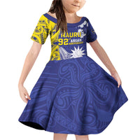 Personalised Nauru 92nd Anniversary Of Angam Family Matching Off Shoulder Short Dress and Hawaiian Shirt Polynesian Whale Pattern LT05 Daughter's Dress Blue - Polynesian Pride