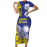 Personalised Nauru 92nd Anniversary Of Angam Family Matching Short Sleeve Bodycon Dress and Hawaiian Shirt Polynesian Whale Pattern LT05 Mom's Dress Blue - Polynesian Pride