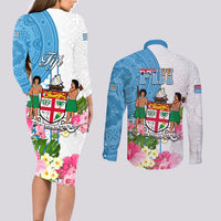 Fiji Day Couples Matching Long Sleeve Bodycon Dress and Long Sleeve Button Shirts Tanoa Hibiscus Fijian Tapa Masi Pattern LT05 - Polynesian Pride