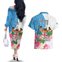 Fiji Day Couples Matching Off The Shoulder Long Sleeve Dress and Hawaiian Shirt Tanoa Hibiscus Fijian Tapa Masi Pattern LT05 - Polynesian Pride