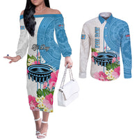 Fiji Day Couples Matching Off The Shoulder Long Sleeve Dress and Long Sleeve Button Shirts Tanoa Hibiscus Fijian Tapa Masi Pattern LT05 White - Polynesian Pride