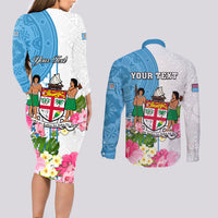 Personalized Fiji Day Couples Matching Long Sleeve Bodycon Dress and Long Sleeve Button Shirts Tanoa Hibiscus Fijian Tapa Masi Pattern LT05 - Polynesian Pride
