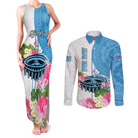 Personalized Fiji Day Couples Matching Tank Maxi Dress and Long Sleeve Button Shirts Tanoa Hibiscus Fijian Tapa Masi Pattern LT05 White - Polynesian Pride