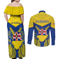 Niue Constitution Day Couples Matching Off Shoulder Maxi Dress and Long Sleeve Button Shirts Coat Of Arms Niuean Hiapo Pattern LT05 - Polynesian Pride
