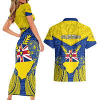 Niue Constitution Day Couples Matching Short Sleeve Bodycon Dress and Hawaiian Shirt Coat Of Arms Niuean Hiapo Pattern LT05 - Polynesian Pride