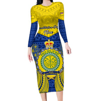 Niue Constitution Day Family Matching Long Sleeve Bodycon Dress and Hawaiian Shirt Coat Of Arms Niuean Hiapo Pattern LT05 Mom's Dress Yellow - Polynesian Pride