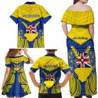 Niue Constitution Day Family Matching Off Shoulder Long Sleeve Dress and Hawaiian Shirt Coat Of Arms Niuean Hiapo Pattern LT05 - Polynesian Pride