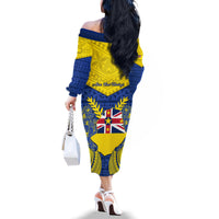 Niue Constitution Day Family Matching Off Shoulder Long Sleeve Dress and Hawaiian Shirt Coat Of Arms Niuean Hiapo Pattern LT05 - Polynesian Pride