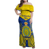 Niue Constitution Day Family Matching Off Shoulder Maxi Dress and Hawaiian Shirt Coat Of Arms Niuean Hiapo Pattern LT05 Dad's Shirt - Long Sleeve Yellow - Polynesian Pride