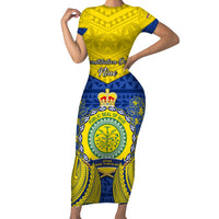 Niue Constitution Day Family Matching Short Sleeve Bodycon Dress and Hawaiian Shirt Coat Of Arms Niuean Hiapo Pattern LT05 Mom's Dress Yellow - Polynesian Pride