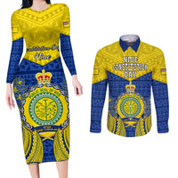 Personalized Niue Constitution Day Couples Matching Long Sleeve Bodycon Dress and Long Sleeve Button Shirts Coat Of Arms Niuean Hiapo Pattern LT05 Yellow - Polynesian Pride