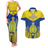 Personalized Niue Constitution Day Couples Matching Tank Maxi Dress and Hawaiian Shirt Coat Of Arms Niuean Hiapo Pattern LT05 Yellow - Polynesian Pride