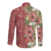 Hawaii Discoverers Day Long Sleeve Button Shirt Tropical Hibiscus Glitter Crimson LT05 - Polynesian Pride