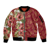 Hawaii Discoverers Day Sleeve Zip Bomber Jacket Tropical Hibiscus Glitter Crimson