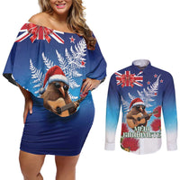 New Zealand Kiwi Christmas Couples Matching Off Shoulder Short Dress and Long Sleeve Button Shirt Xmas Vibe LT05 Blue - Polynesian Pride