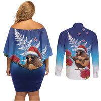 New Zealand Kiwi Christmas Couples Matching Off Shoulder Short Dress and Long Sleeve Button Shirt Xmas Vibe LT05 - Polynesian Pride