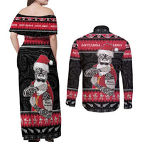 New Zealand Santa Tiki Christmas Couples Matching Off Shoulder Maxi Dress and Long Sleeve Button Shirt Meri Kirihimete LT05 - Polynesian Pride