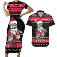 New Zealand Santa Tiki Christmas Couples Matching Short Sleeve Bodycon Dress and Hawaiian Shirt Meri Kirihimete LT05 Black - Polynesian Pride