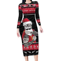 New Zealand Santa Tiki Christmas Family Matching Long Sleeve Bodycon Dress and Hawaiian Shirt Meri Kirihimete LT05 Mom's Dress Black - Polynesian Pride