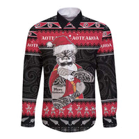 New Zealand Santa Tiki Christmas Long Sleeve Button Shirt Meri Kirihimete LT05 Unisex Black - Polynesian Pride