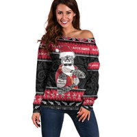 New Zealand Santa Tiki Christmas Off Shoulder Sweater Meri Kirihimete LT05 Women Black - Polynesian Pride