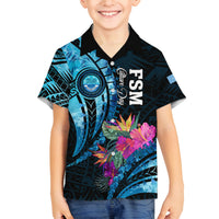 Personalised FSM Culture Day Family Matching Off Shoulder Long Sleeve Dress and Hawaiian Shirt Tropical Flowers Tribal Pattern LT05 Son's Shirt Blue - Polynesian Pride