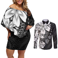 Polynesia Romantic Valentine Couples Matching Off Shoulder Short Dress and Long Sleeve Button Shirt Sea Turtle Couple With Black Plumeria LT05 Black - Polynesian Pride