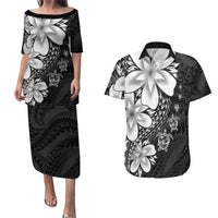 Polynesia Romantic Valentine Couples Matching Puletasi and Hawaiian Shirt Sea Turtle Couple With Black Plumeria LT05 Black - Polynesian Pride
