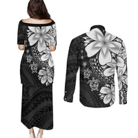 Polynesia Romantic Valentine Couples Matching Puletasi and Long Sleeve Button Shirt Sea Turtle Couple With Black Plumeria