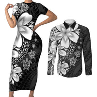 Polynesia Romantic Valentine Couples Matching Short Sleeve Bodycon Dress and Long Sleeve Button Shirt Sea Turtle Couple With Black Plumeria LT05 Black - Polynesian Pride
