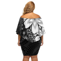 Polynesia Romantic Valentine Off Shoulder Short Dress Sea Turtle Couple With Black Plumeria