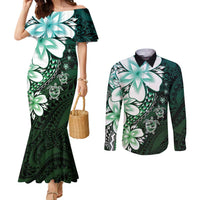 Polynesia Romantic Valentine Couples Matching Mermaid Dress and Long Sleeve Button Shirt Sea Turtle Couple With Aqua Gradient Plumeria LT05 Aqua - Polynesian Pride