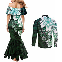 Polynesia Romantic Valentine Couples Matching Mermaid Dress and Long Sleeve Button Shirt Sea Turtle Couple With Aqua Gradient Plumeria LT05 - Polynesian Pride